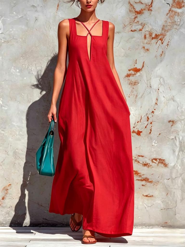 European and American cross-border Amazon Bohemian vacation style square collar cross neck long dress loose pendulum dress