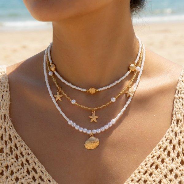 Boho Multilayer Shell Starfish Pendant Necklace Handmade Imitation Pearl Beaded Choker for Women Beach Party Jewelry Gift