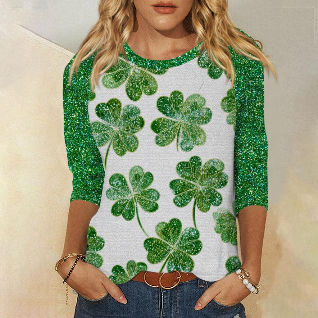 Damski St. Top z nadrukiem na Dzień Świętego Patryka, z okrągłym dekoltem i rękawem trzy czwarte