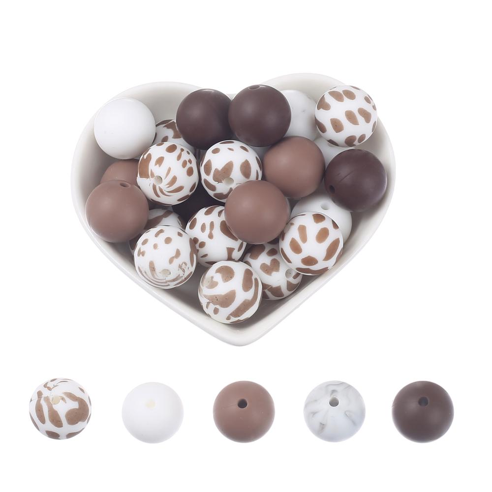 15mm 30Pcs Silicone Beads Round Print Food Grade Teething Beads for Baby Toy Soft Chew Teething DIY Pacifier Clips Necklace