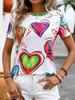 3D printed short-sleeved heart-printed women's round neck T-shirt summer literary loose women's casual short-sleeved top