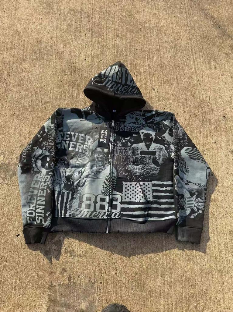 Men's and women's same casual fashion hooded personalized retro loose jacket trade trend printed sweater