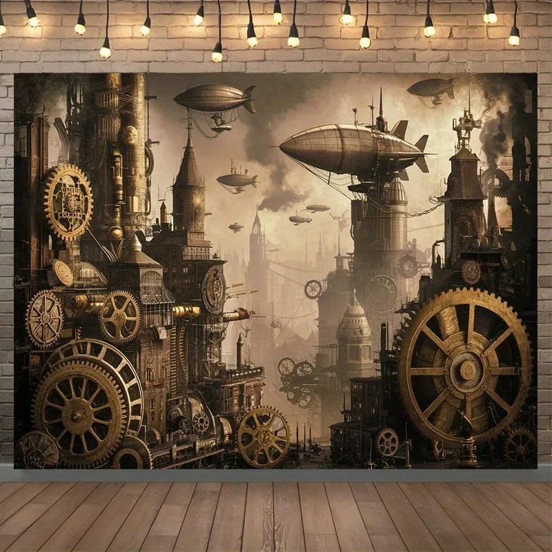 Jeden duży baner tła miasta w stylu steampunk - 90,55x70,8 cala włókno poliestrowe dekoracja imprezowa