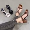 Summer new thick-heeled slippers women's outer wear square head open-toed one-word drag large-size high heels