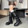 Autumn and Winter New Platform Boots Women's Brown Retro Belt Buckle Pleated Round Head British Knight Boots