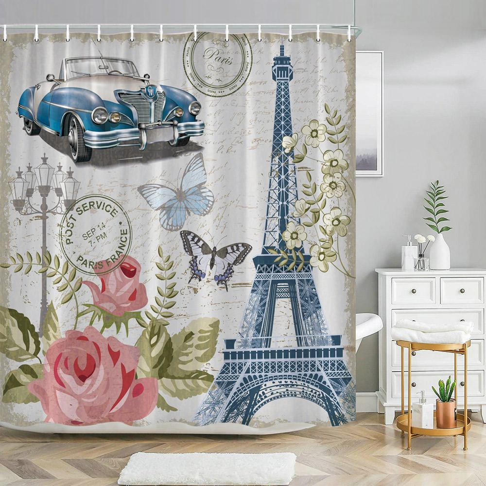 Paris Eiffel Tower Pink Shower Curtain Valentine's Day Flowers and Butterflies Polyester Washable Shower Curtains Bathroom Decor