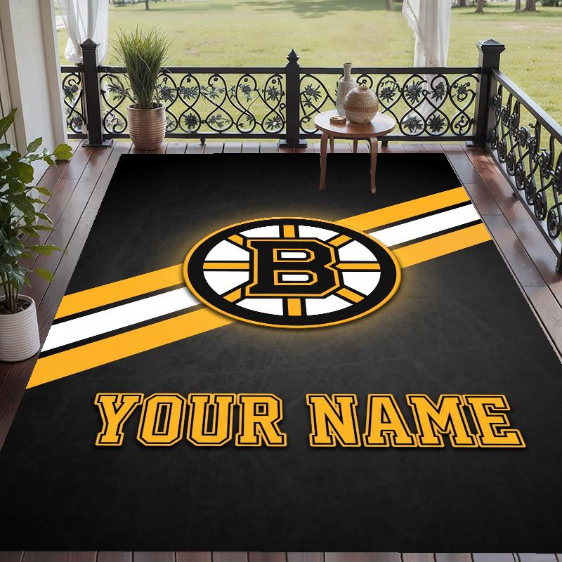 Custom Name Boston Bruins Crystal Velvet Floor Rug Personalized Text Soft Carpet Home Decor