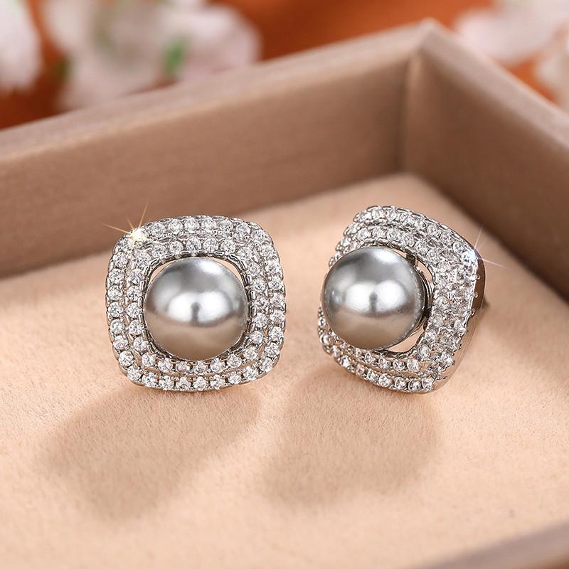 925 Sterling Silver Pearl Stud Earrings for Women Full Dazzling CZ Statement Earrings Wedding Party Female Jewelry