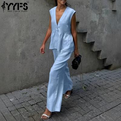 Kadın Moda Günlük Yaz Bahar Düz Renk Baskılı Kolsuz V Yaka Pantolon Takımları