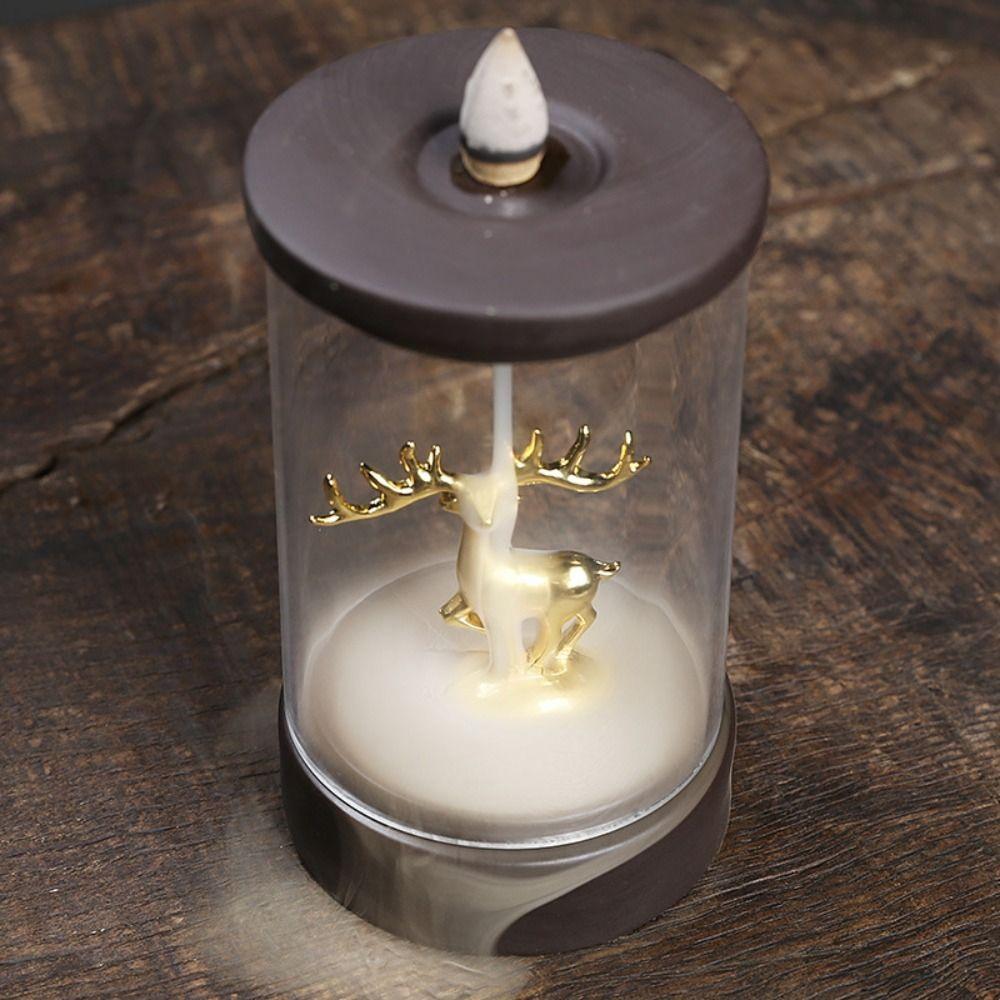 

Clear Cover Deer Incense Burner Backflow Ceramic Deer Ornament Beautiful Incense Holder Indoor