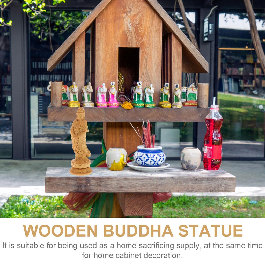 Figure Statue Ornament Buddha Chinoiserie Decor Good Luck Home Desktop Adorn Wooden Quan Yin Carving Household