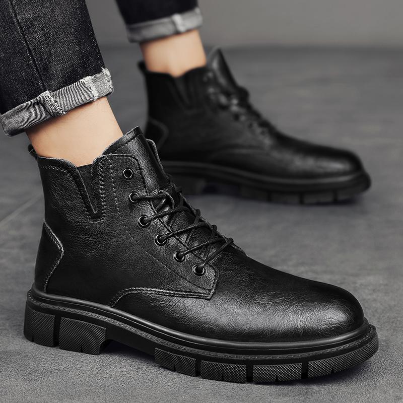 Classic black men's boots Casual minimalist design style Daily office outdoor walking Motorcycle men's leather shoes Size-46