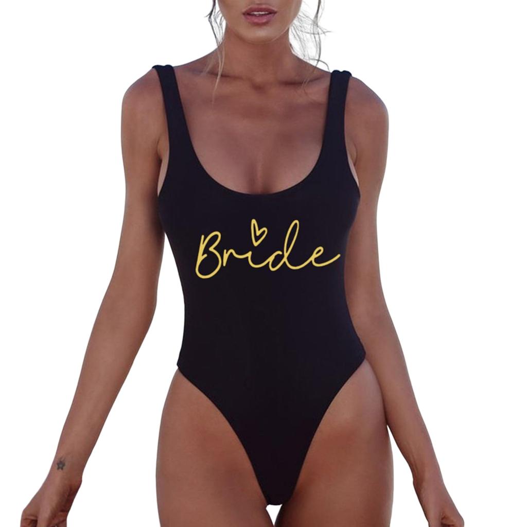 Swimsuit for Women Bride Letter Print Scoop Neck High Cut Backless Bathing Suit Swimwear