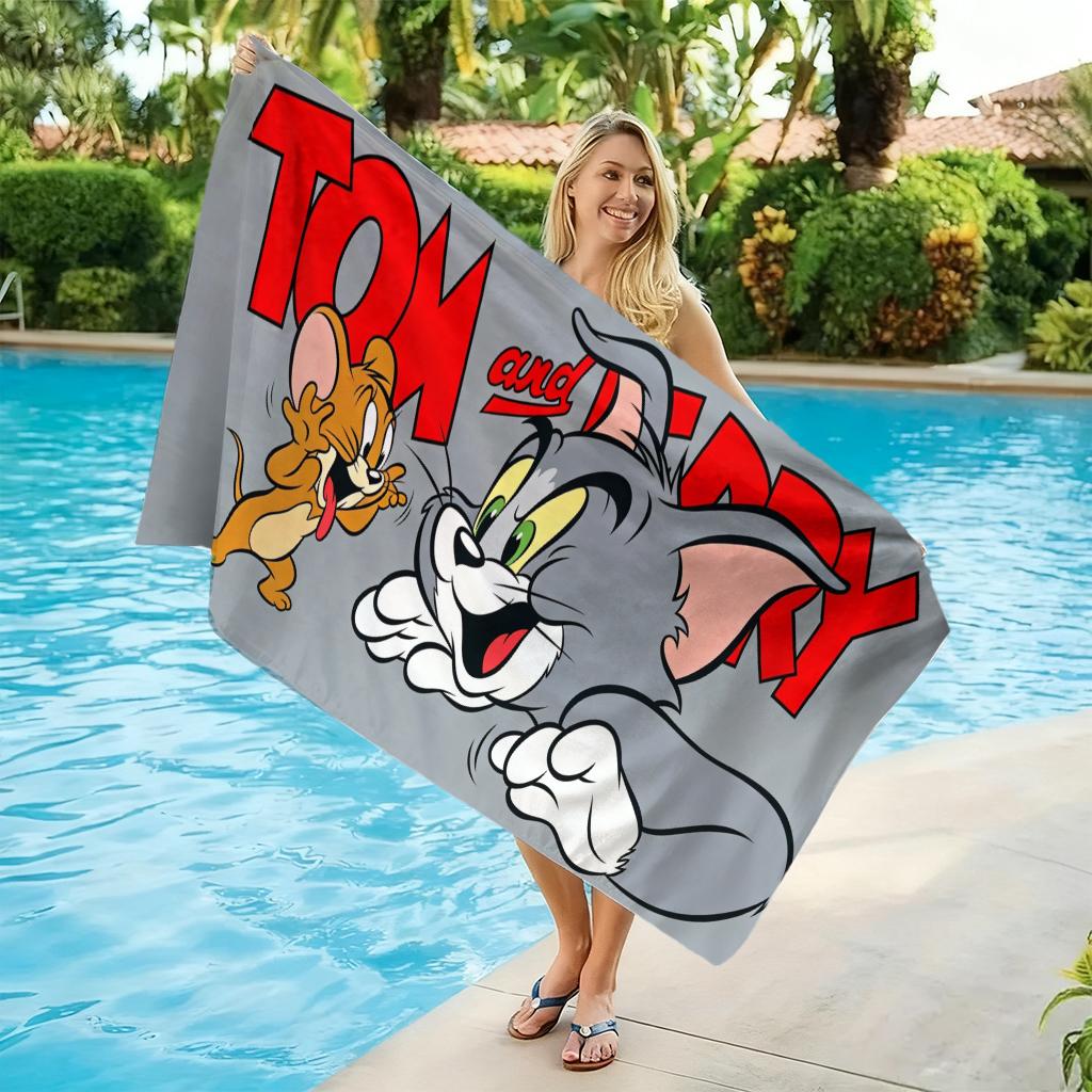 Tom&Jerry Cartoon Beach Towel Soft Microfiber Bath Towel Flat Print Absorbent Towel for Beach Pool Camping