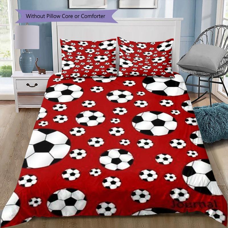 Black White Soccer Ball Pattern Red Background Print 3 Pieces Duvet Cover Set Football Sports Bedding Bedroom Home Decor Without Pillow Core Comforter