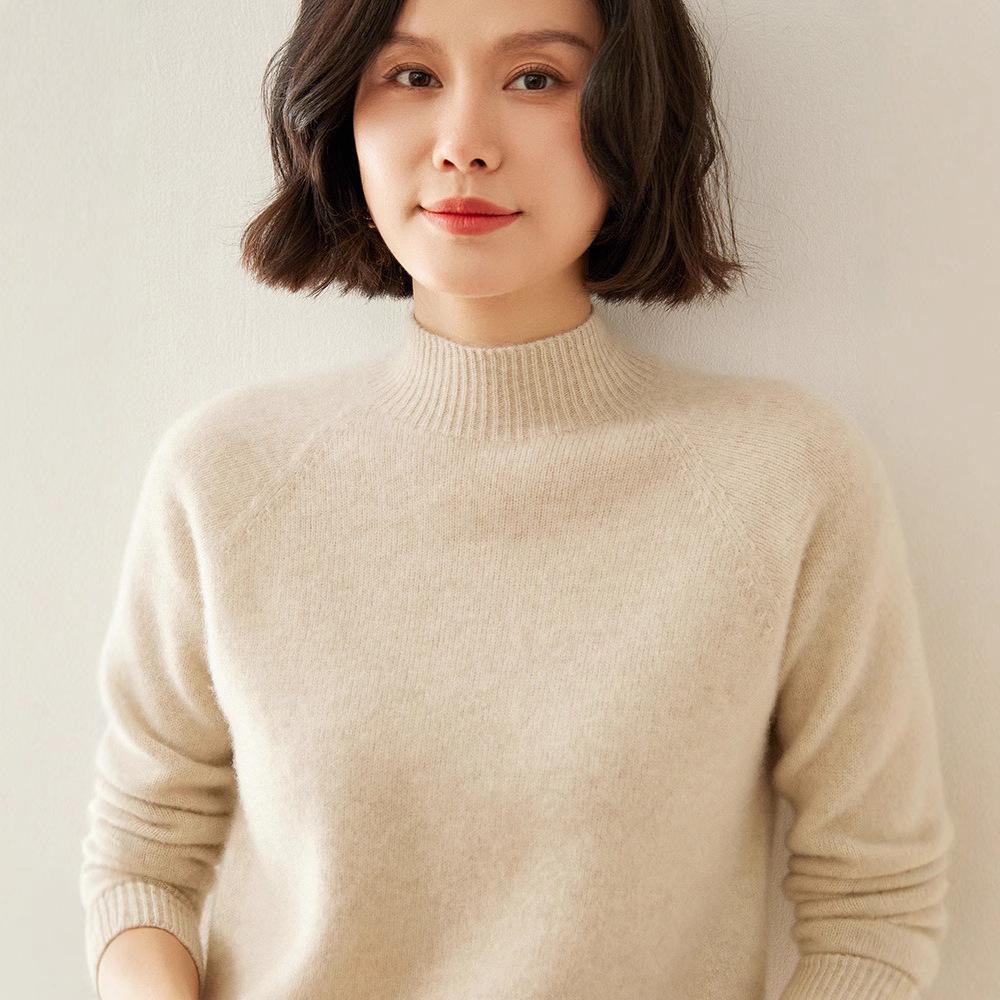 Women's Cashmere Raglan Sleeve Slim Fit Sweater - Half High Neck, Thickened, Solid Color, Versatile Knitted Top.