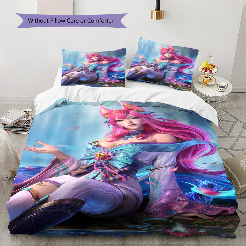 KDA Ahri Pattern Bedding Quilt Set Quilt Cover Pillowcase Home Decoration Gift (1 * duvet cover + 2 * pillowcase, without core)