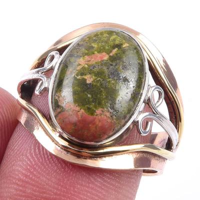 Natural Unakite Gemstone Handmade 925 Sterling Silver Two Tone Ring S.7.5 Q9H67