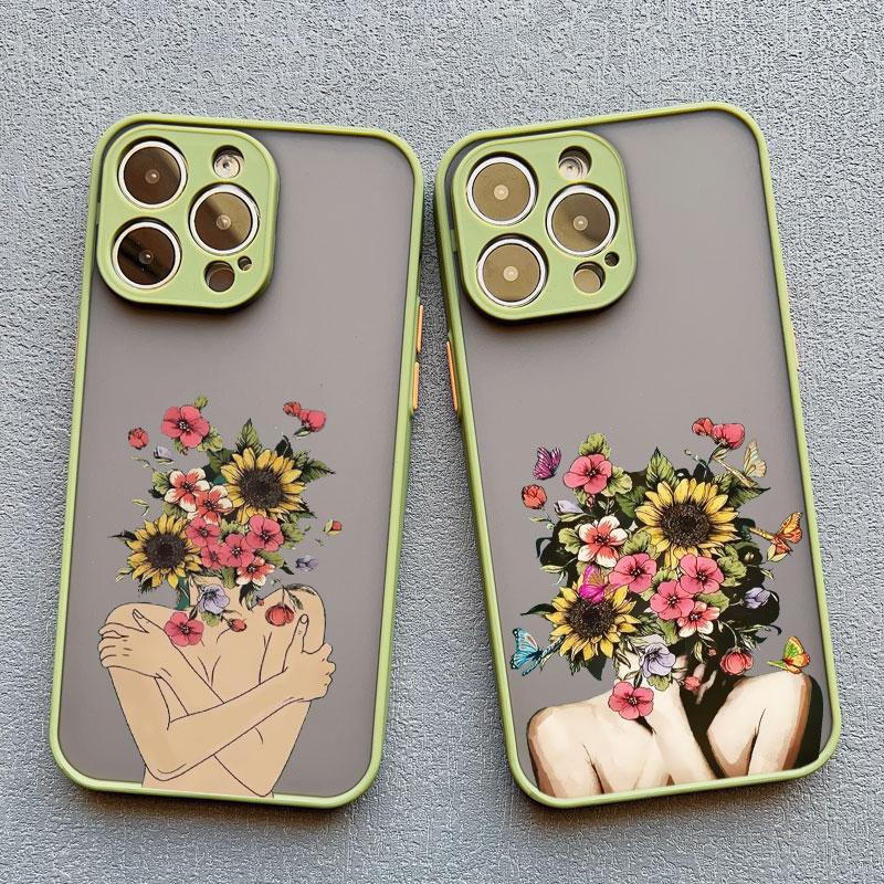Oil Painting Flower Girl Phone Case For iPhone 16 15 12 11 13 14 Pro Max Mini X XS XR 15 14 8 Plus Shockproof Translucent Covers