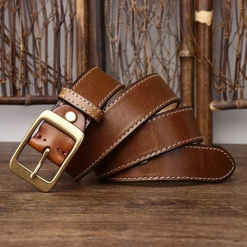 3.8 Cm Thickened Pure Cowhide Genuine Leather for Men's High Quality Jeans Brass Buckle Belts Cowboy Waistband Male Designer
