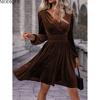 MODIQUE 2025 Spring New Women's Elegant Corduroy Solid Color Lantern Sleeves Elastic Waist Pleated Short Dress Ladies Casual A-Line V-Neck Dress