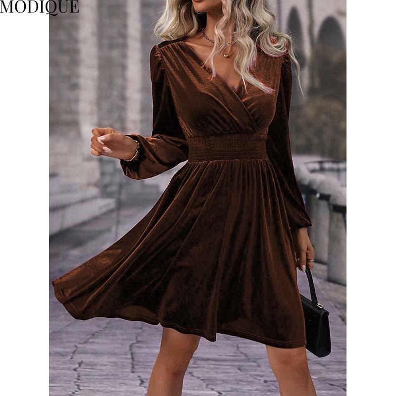 MODIQUE 2025 Spring New Women's Elegant Corduroy Solid Color Lantern Sleeves Elastic Waist Pleated Short Dress Ladies Casual A-Line V-Neck Dress