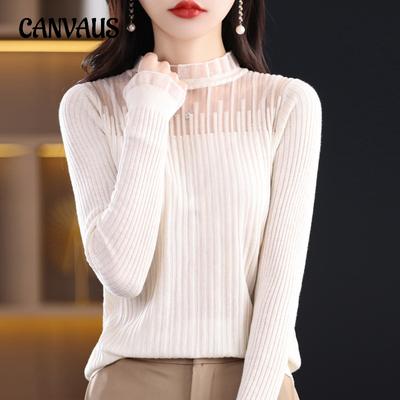 Spring and Summer Women's Short Lace Half-high Neck Lace Splicing Long Sleeve Pullover Bottoming Knitwear