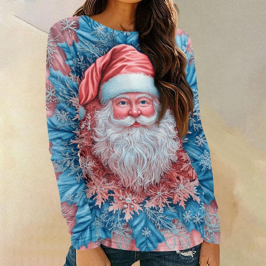 Christmas Party Women T-shirt Santa Claus Print Long Sleeve Holiday Graphic Tops O-Neck Casual Style Fall Winter Female Tees