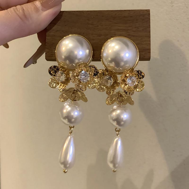 Silver Needle Zircon Pearl Tassel Earrings - Elegant Retro Design for Women