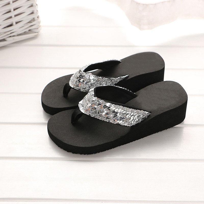 Sequins Summer Womens Antislip Sandals Girl Wedge Heels Slippers Flipflops Us