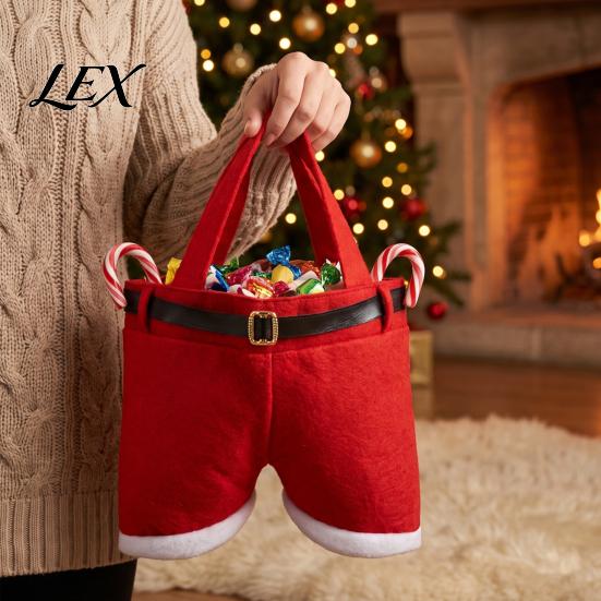 Festive Party Souvenir Bags Christmas Santa Pants Gift Bag, Red Plush Candy Tote with Handles Holiday Window Display Props for Wine Bottle,