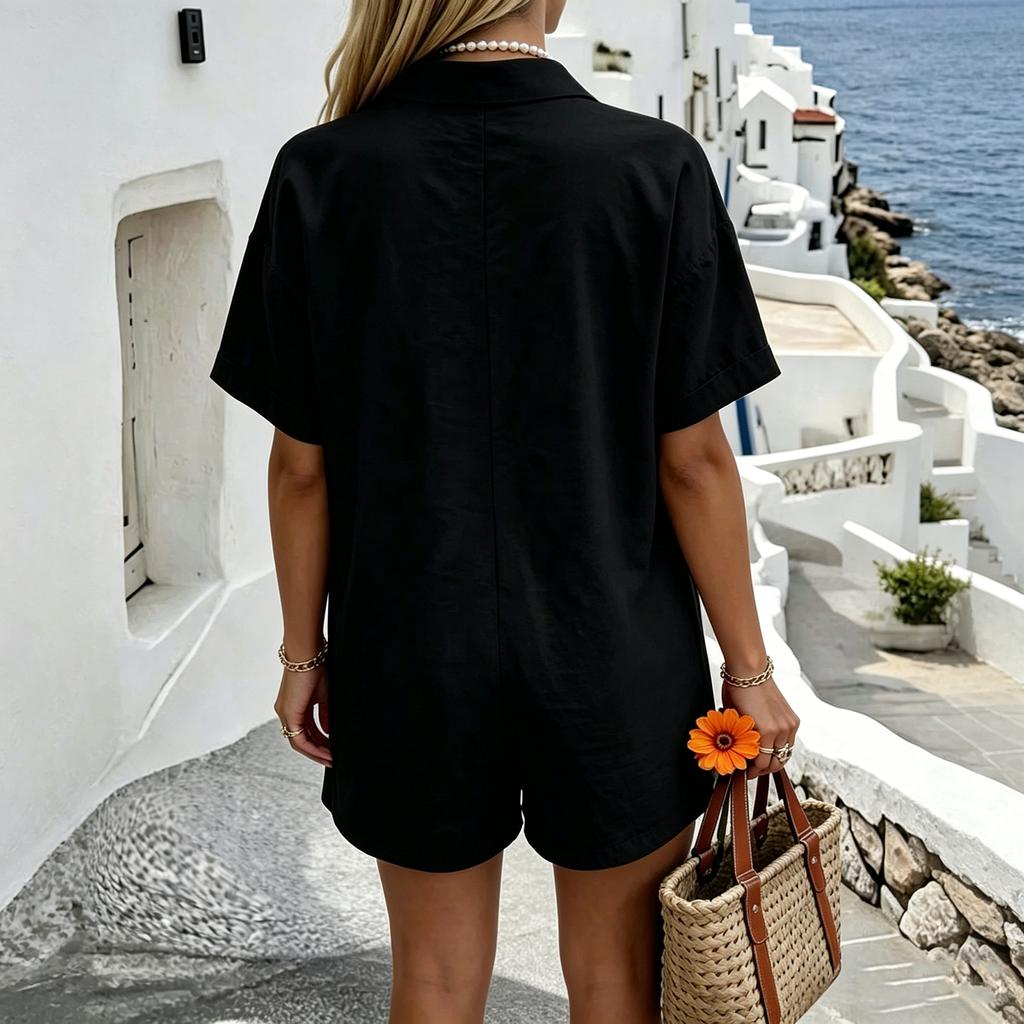 Women's  Fashionable Casual Shirt Button Loose Short-sleeved Jumpsuit