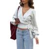 Women's Light Gray V Neck Cross-Tie Bubble Sleeve Cropped Knit Top