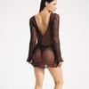 Kadın Şeffaf Sırtı Açık Mini Elbise Bisiklet Yaka Bağlamalı Şeffaf File Mini Elbise Uzun Kollu Örgü File Plaj Örtüsü Kadınlar için Kısa Elbise