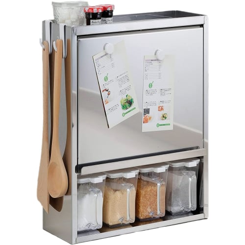 Otake Sangyo Spice Rack with 4 Condiment Pots, Tsubame-Sanjo Stainless Steel, Silver, 38x15.5x40cm, Magnetic Compatible, Slim Storage Case, Made in Ja