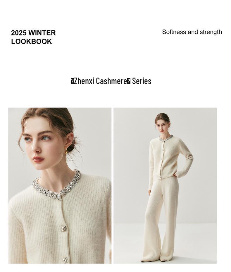 Women's Cashmere Cardigan - Round Neck, Rhinestone Trim, Stylish & Elegant, Perfect for Autumn/Winter.
