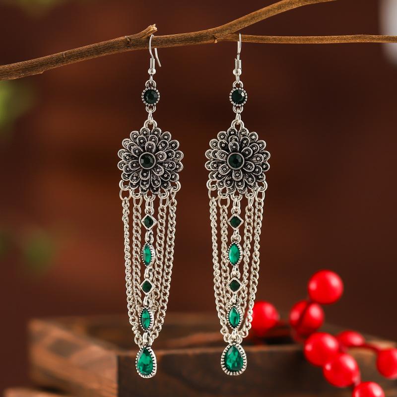 Vintage Exaggerated Long Crystal Tassel Earrings for Women Ethnic Multilayer Rhinestone Silver Color Geometric Earrings Jewelry