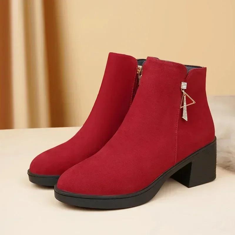 Fashion 2025 New Fall-Winter Fashion Solid Color Ankle Boots Round Toe Square Heel Side Zipper Solid Color Casual Boots Keep Warm 35-41