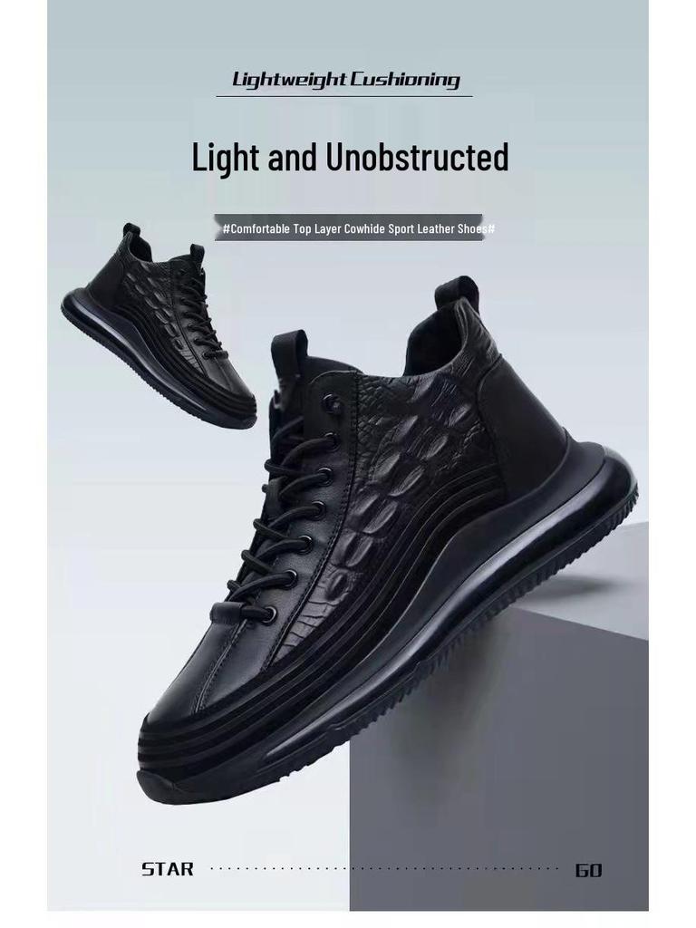 Men's Retro Crocodile Pattern Leather Shoes - Comfortable, Thick Sole, Casual Business Style.