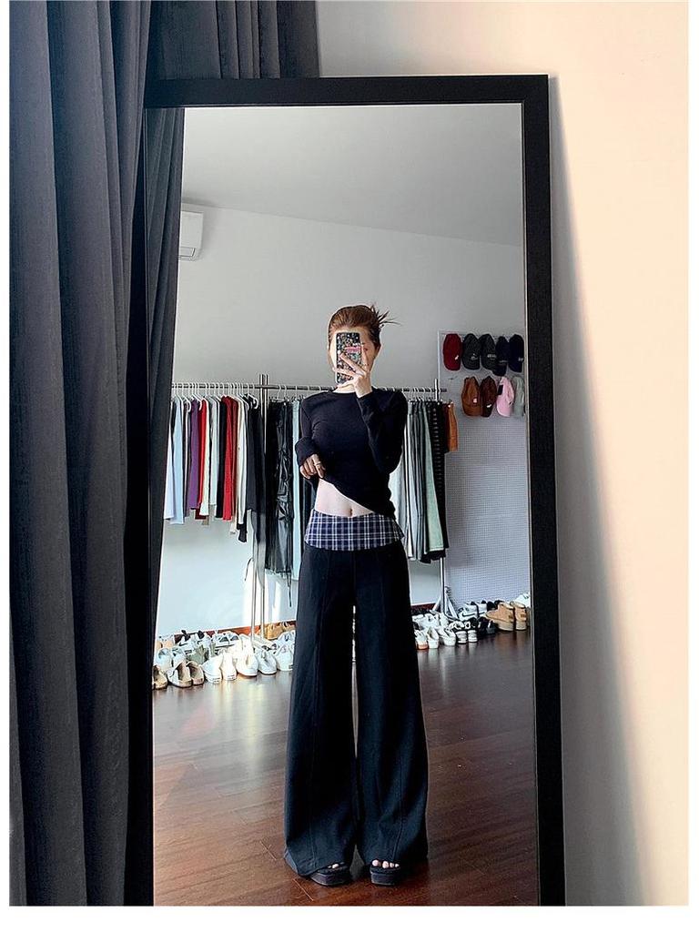 Women's High-Waisted Black Plaid Wide-Leg Patchwork Pants - Autumn 2025 Collection