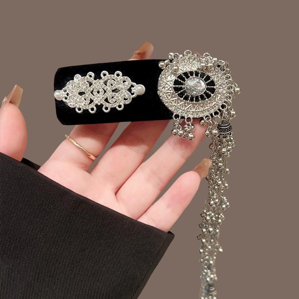 Ethnic Style Hair Clip Fashion Hair Accessories Full Diamond Flash Tassel Headwear Retro Hairpin Imitation Silver Duckbill Clip