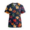Women's V-Neck Short Sleeve Work Top with Pockets Leaf Print