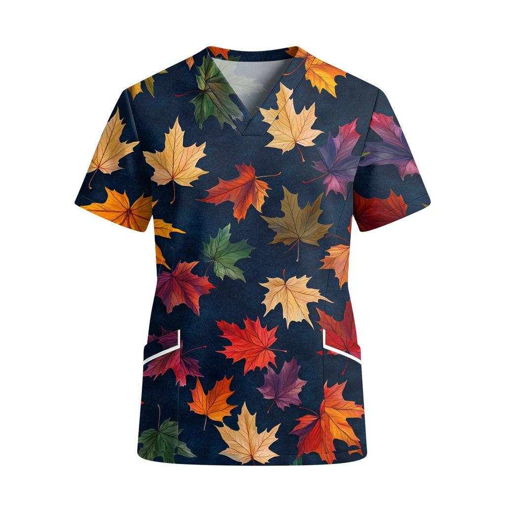 Women's V-Neck Short Sleeve Work Top with Pockets Leaf Print