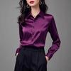 Elegante Satin Lila Langarmbluse Damen Professionelles Bürohemd Lockere Passform POLO-Kragen Einfarbige Business Casual