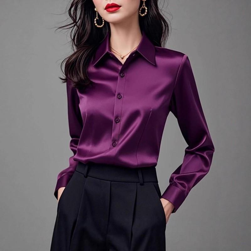 Elegante Satin Lila Langarmbluse Damen Professionelles Bürohemd Lockere Passform POLO-Kragen Einfarbige Business Casual