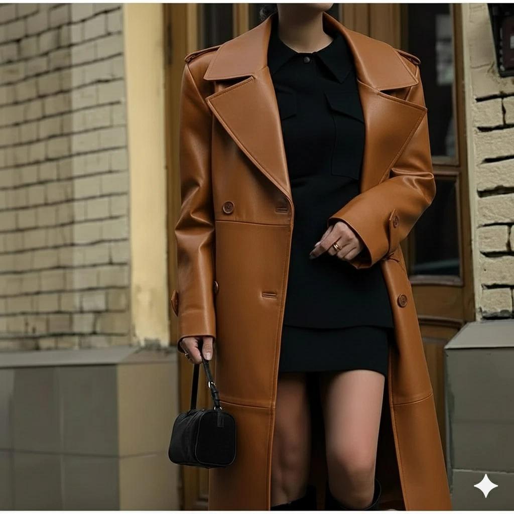 Leather Trench Coat Lambskin Casual Fit Genuine Brown Handmade New Women's Soft