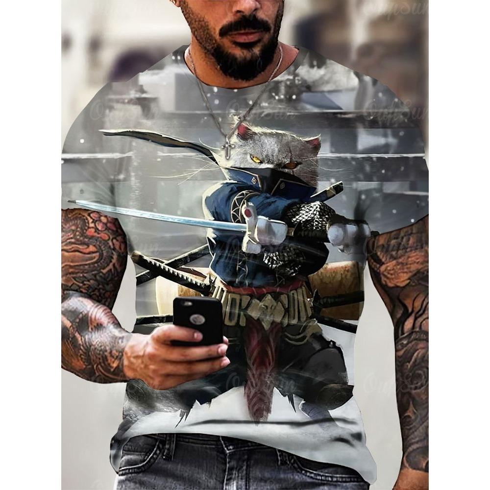 Japan Style Men's T-shirts 3D Samurai Cat Theme Print Short Sleeve T Shirts Fashion Men Women Crew Neck Tops Summer Clothing