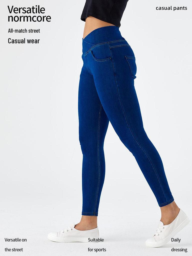 Úzké džíny s vysokým pasem: Dámské elastické, zeštíhlující kalhoty s kapsami zvedající hýždě