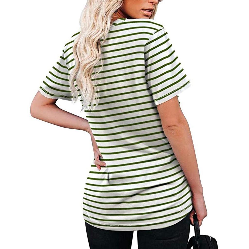Womens Summer Fasion Short Sleeve V-Neck Color Striped Print Casual Tops