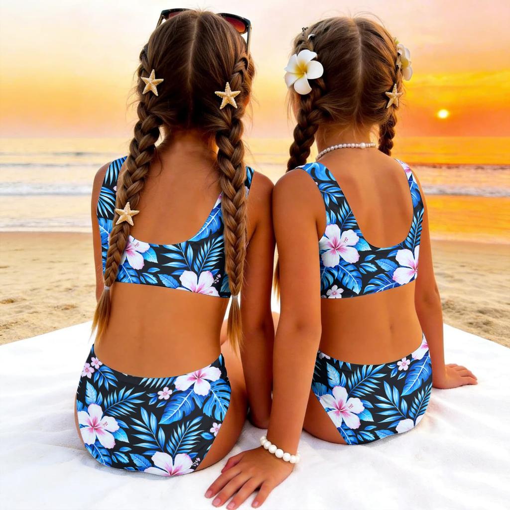 Girls Two Piece Swimsuit Set Hawaiian Print Tankini Top and High Waist Bottom Summer Beach Swimwear for Kids